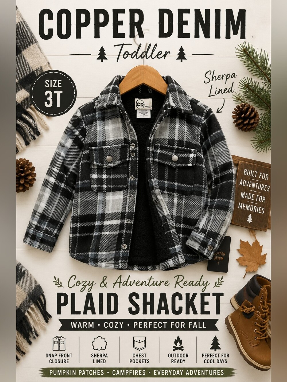 Copper Denim Gray Black Plaid Sherpa Shacket Kids 3T Cozy Fall Jacket Campcore